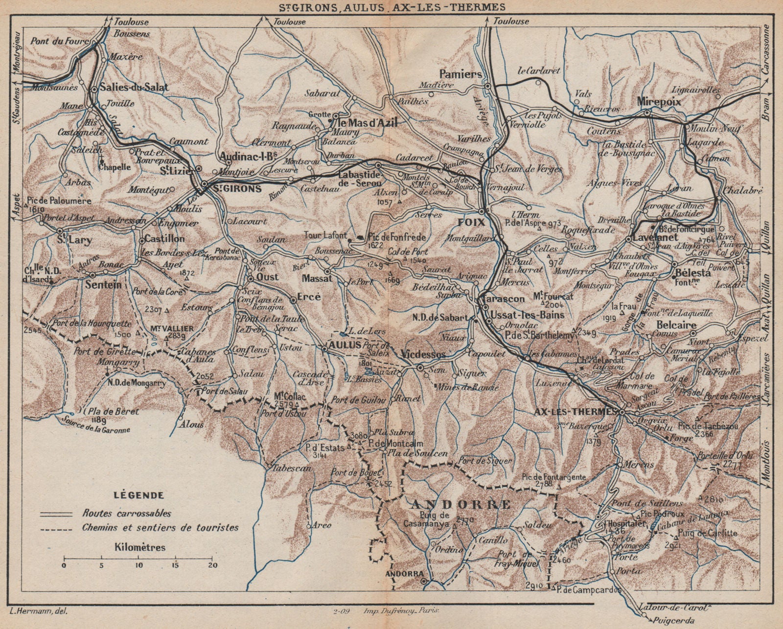 ARIÈGE. St. Girons Aulus Ax-les-Thermes Foix. Pyrénées. Vintage hiking map 1907